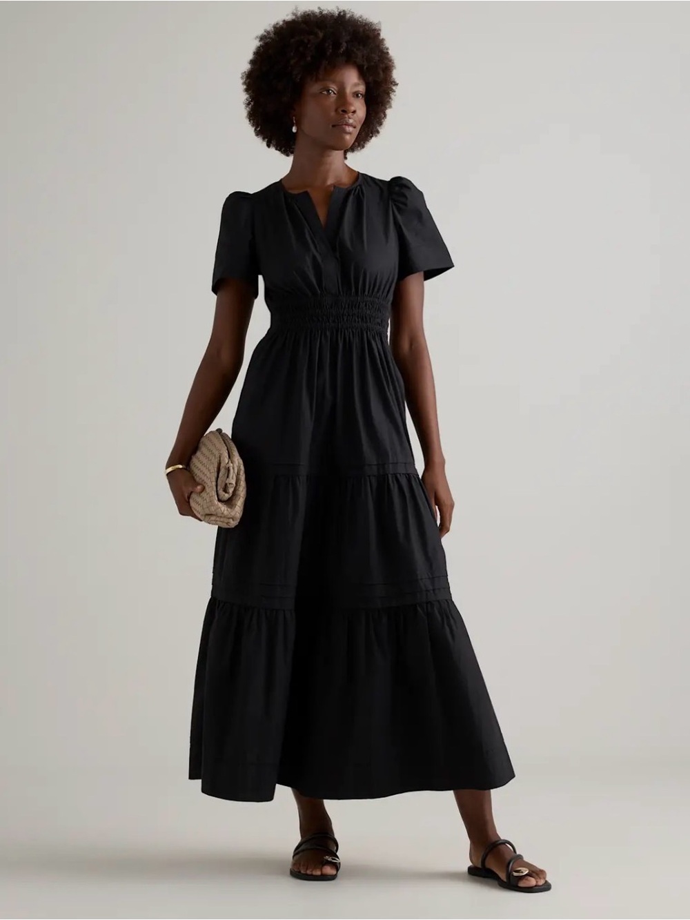Quince Black Tiered Midi Dress with Smocked Waist